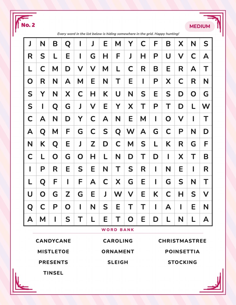 Word search page with Art deco corners border style