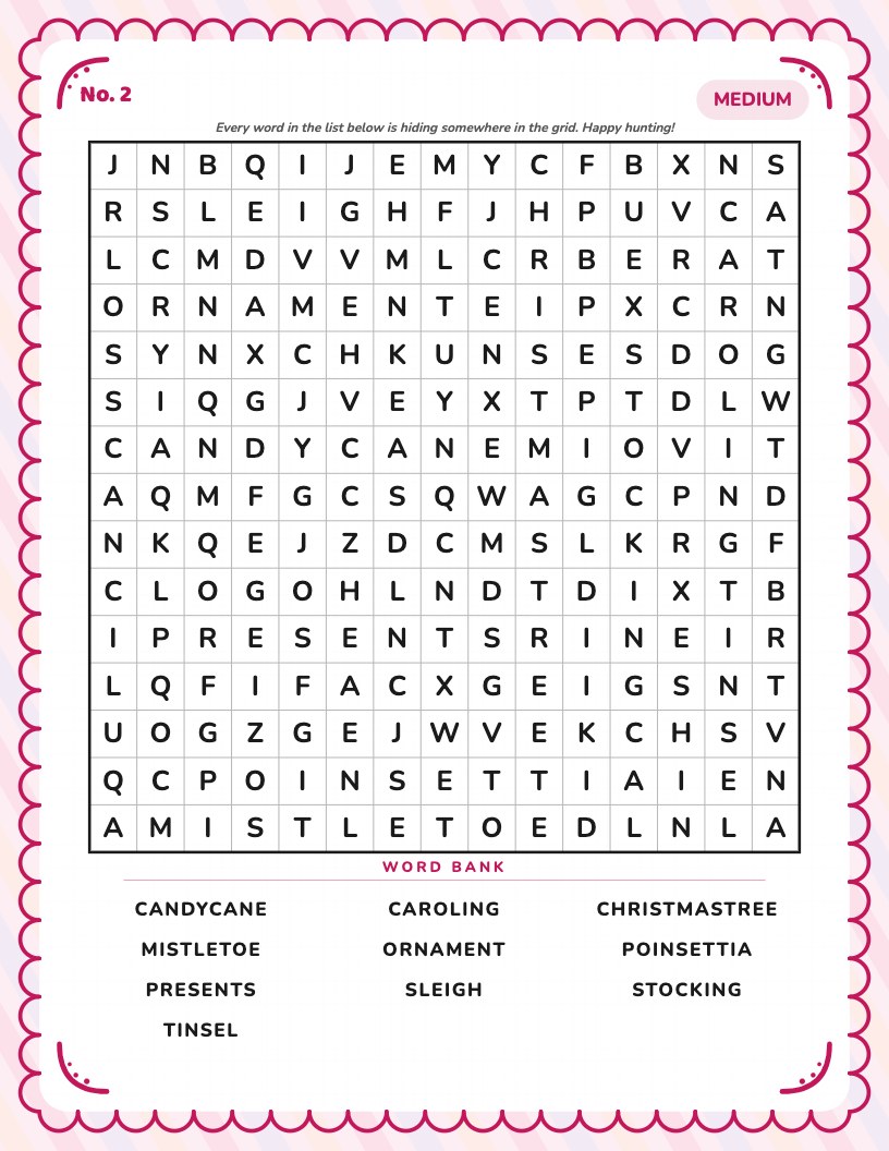 Word search page with scalloped kids-style border