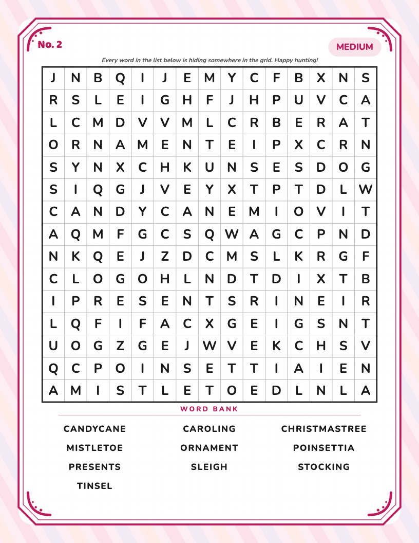 Word search page with ticket cut-corner border style
