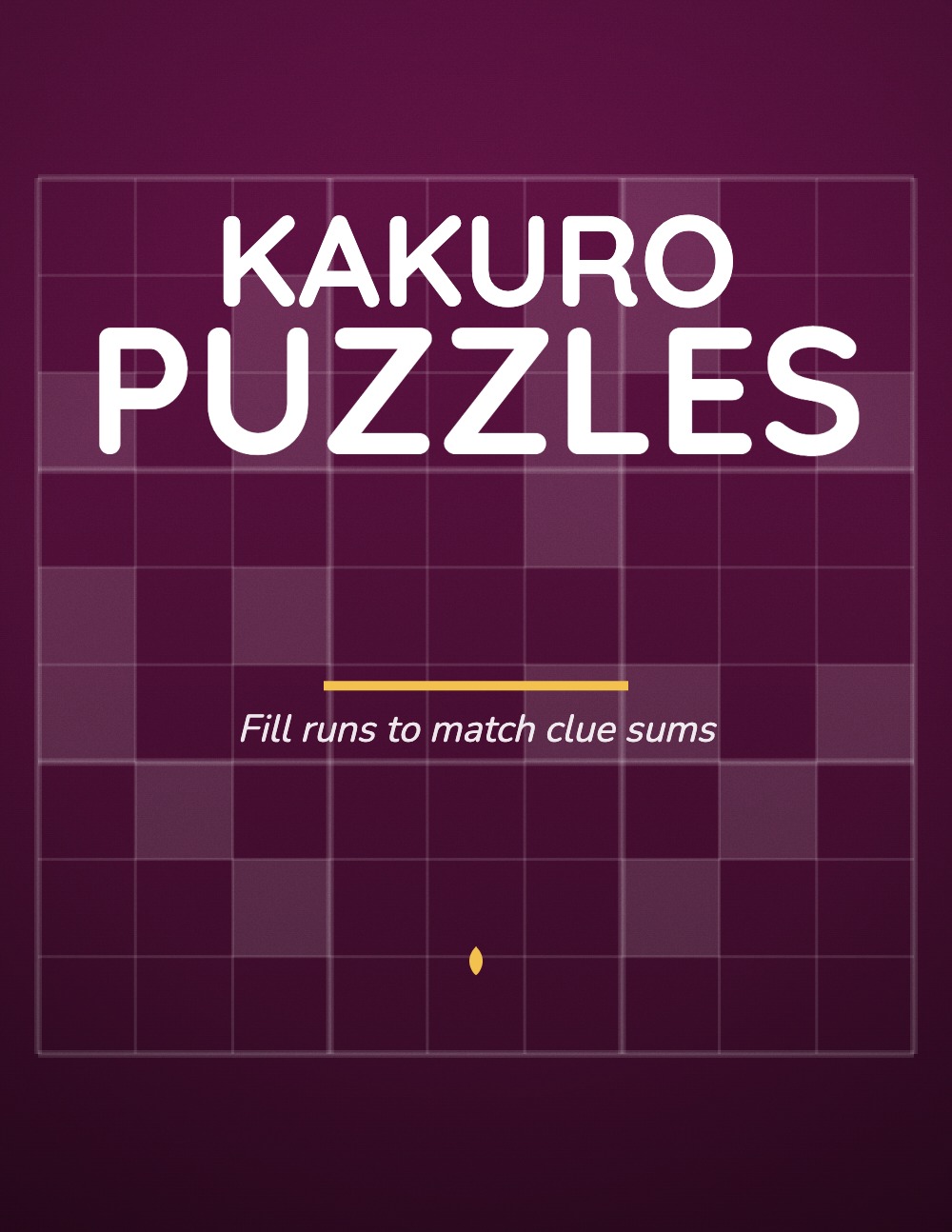 Generated kakuro puzzle book cover, plum background with kakuro grid motif and gold rule