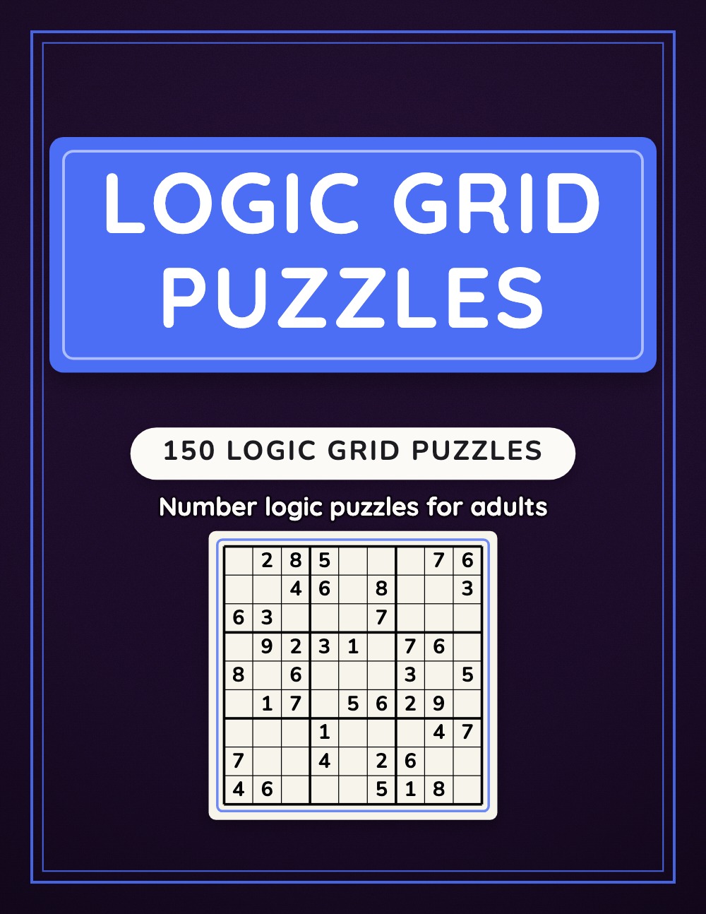 Generated logic grid puzzle book cover, dark purple with blue title plate and a real sudoku-style grid framed on the cover