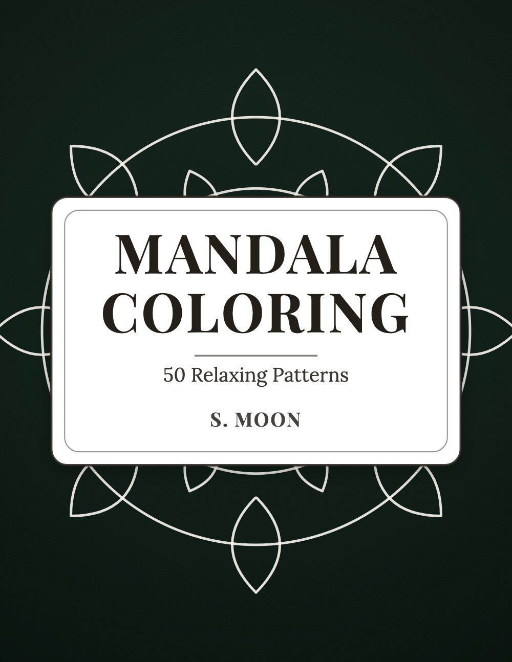 Generated adult coloring book cover, forest green with mandala line frame
