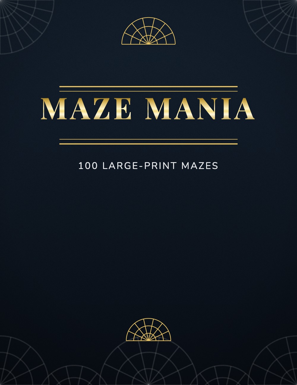 Generated maze puzzle book cover, dark navy with art deco gold title treatment