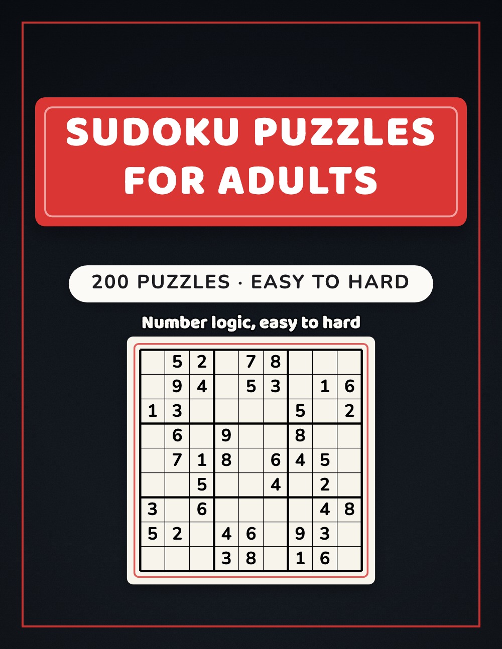 Generated sudoku puzzle book cover, black with red title plate