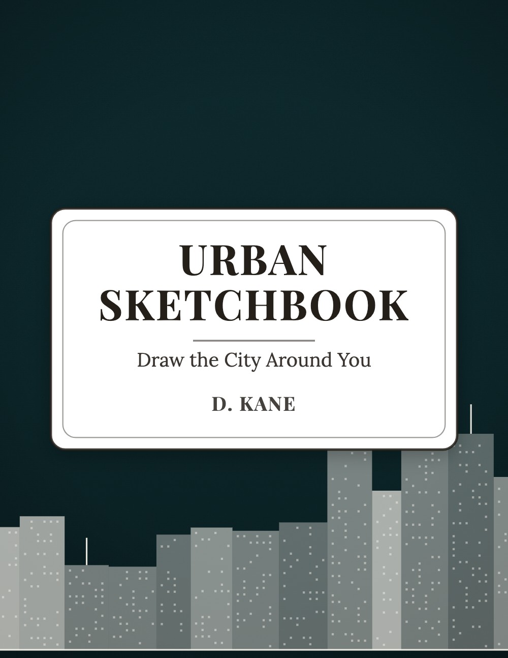 Generated urban sketchbook cover, dark teal with city skyline silhouette