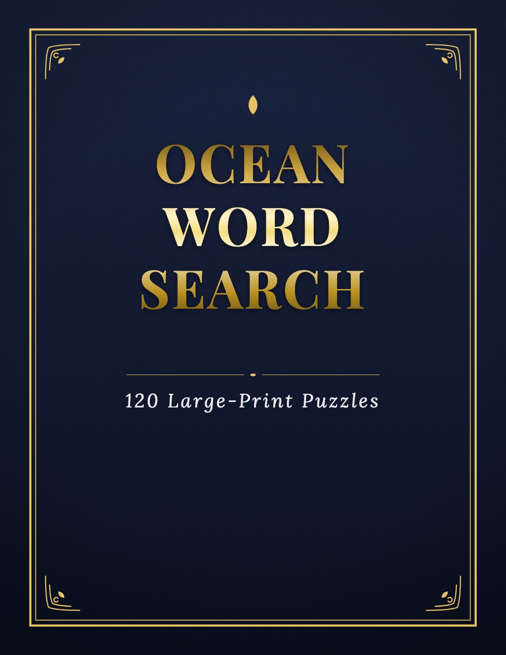 Generated word search puzzle book cover, navy background with elegant gold foil title and corner flourishes