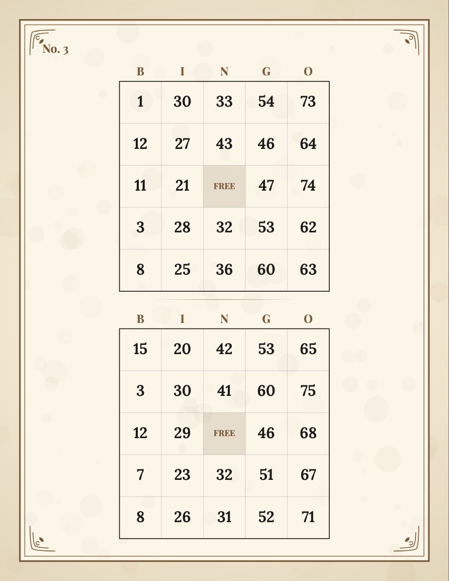 Real generated bingo card interior page, two unique 75-ball cards