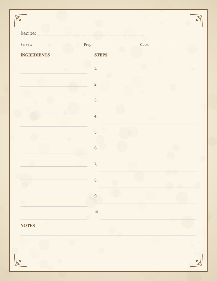 Real generated blank recipe keepsake interior page with ingredients and steps