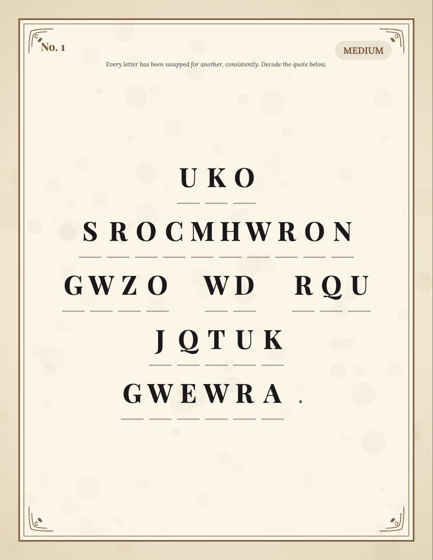 Real generated cryptogram puzzle interior page with encoded quote