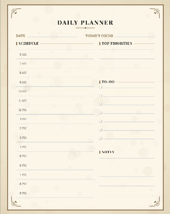 Real generated daily planner interior page, warm cream design