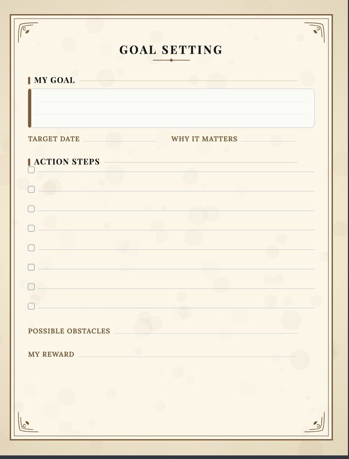 Real generated goal-setting worksheet interior page