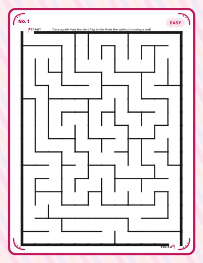 Real generated maze puzzle interior page with pink decorative border