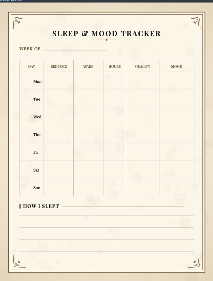 Real generated sleep and mood tracker table interior page