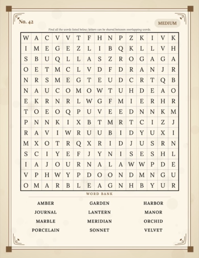 Real generated word search puzzle interior page, parchment paper with Victorian corner-square border