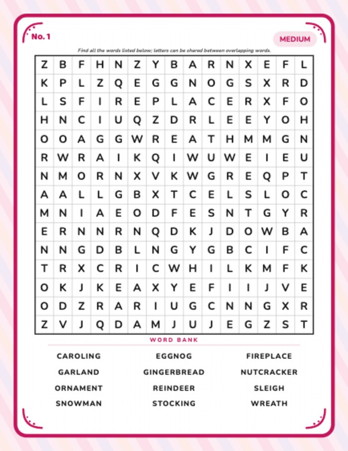 Real generated word search puzzle interior page with pink decorative border and word bank